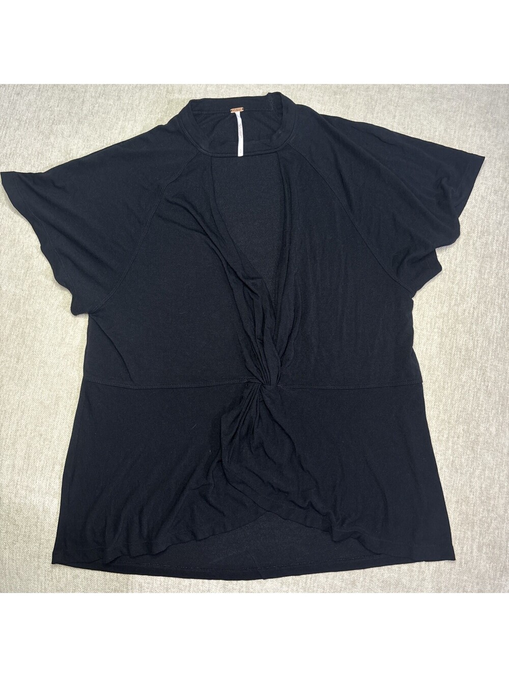 Free People Short Sleeve Open V Neck Top Women's S Black Ruffle Knot Waist